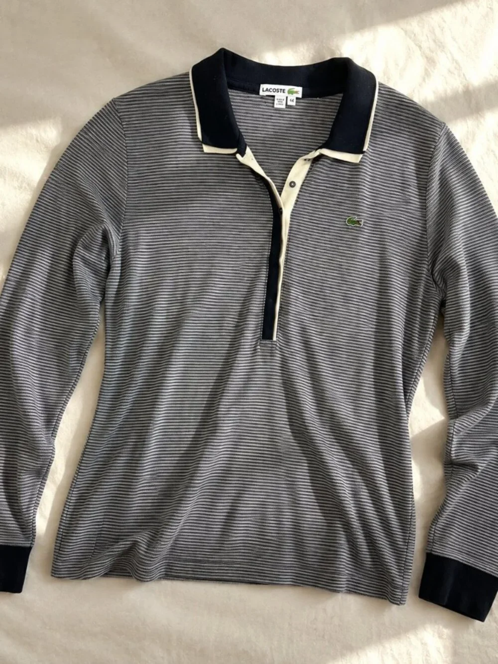 Vintage Lacoste Long Sleeve Striped Polo Gray Black Large